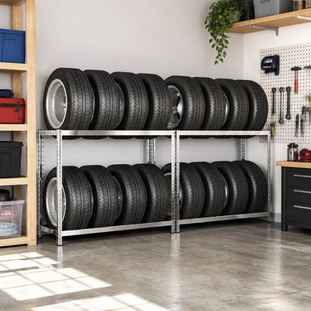 Tire Racks Industrial 2-Layer Steel Frame Garage Organization 110 x 40 x 110 cm