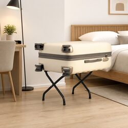Luggage Rack with Backrest Black Foldable Hotel Stand Metal Frame Nylon Straps