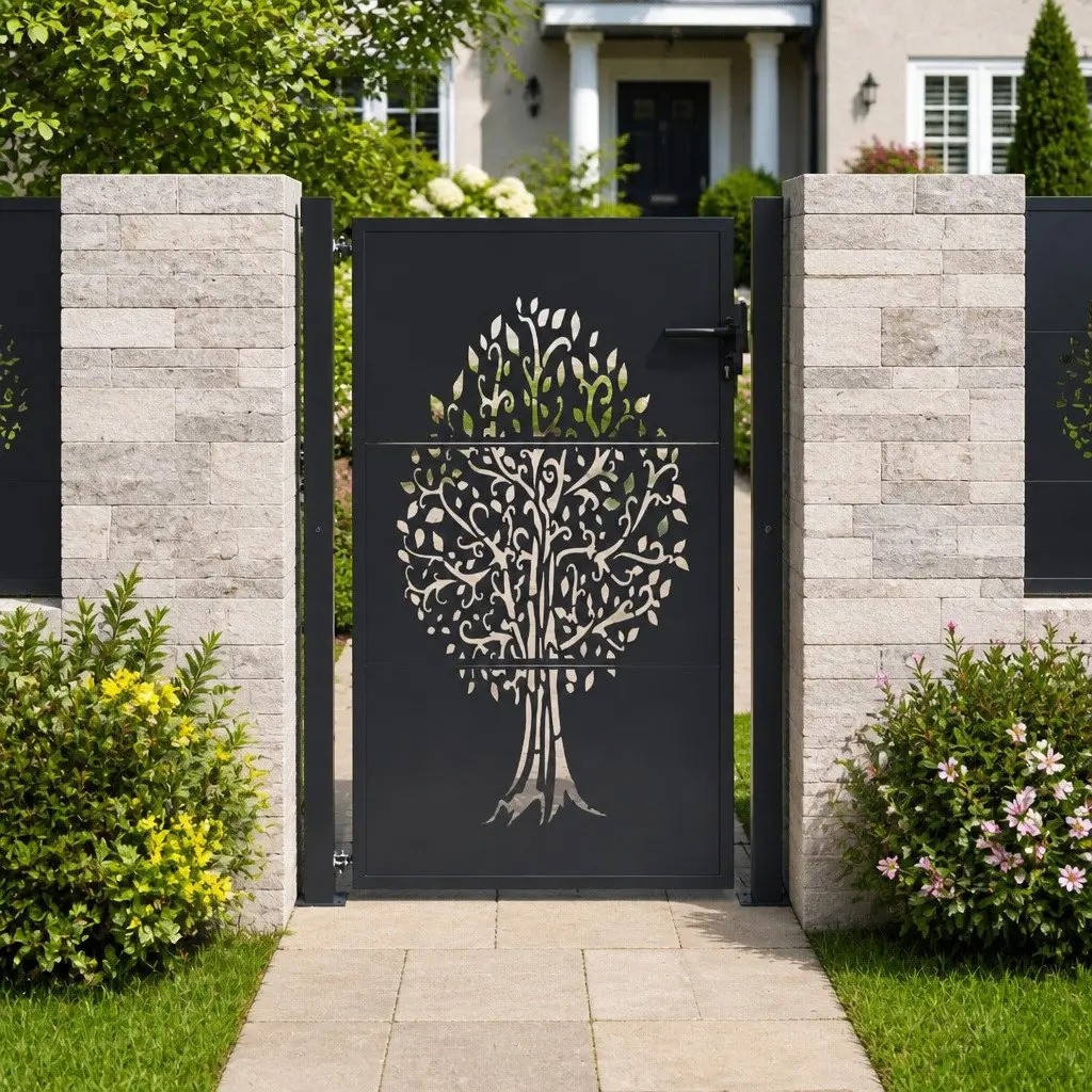 Garden Gate Anthracite 100x125cm Steel Laser-Cut Design Outdoor Fence Entry