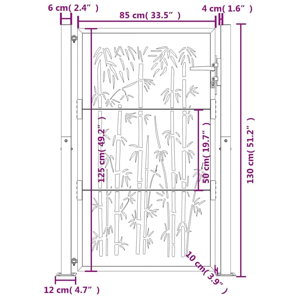 Garden Gate Anthracite 100x125cm Steel Bamboo Laser-Cut Design Lockable Entrance