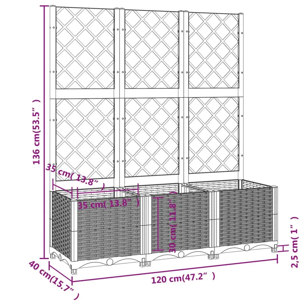 Garden Planter with Trellis Grey 120x40x136cm