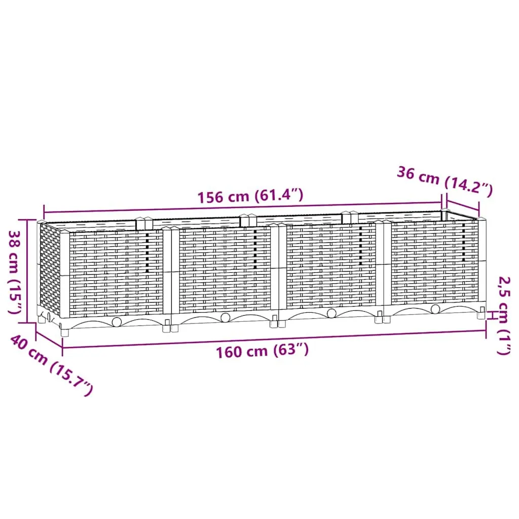 Raised Garden Bed Grey Polypropylene Rattan Pattern 160x40x38 cm