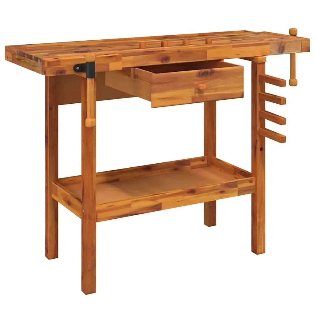 Workbench Acacia Wood Large Stable Surface 124x52x83cm Brown with Drawer and Shelf Storage