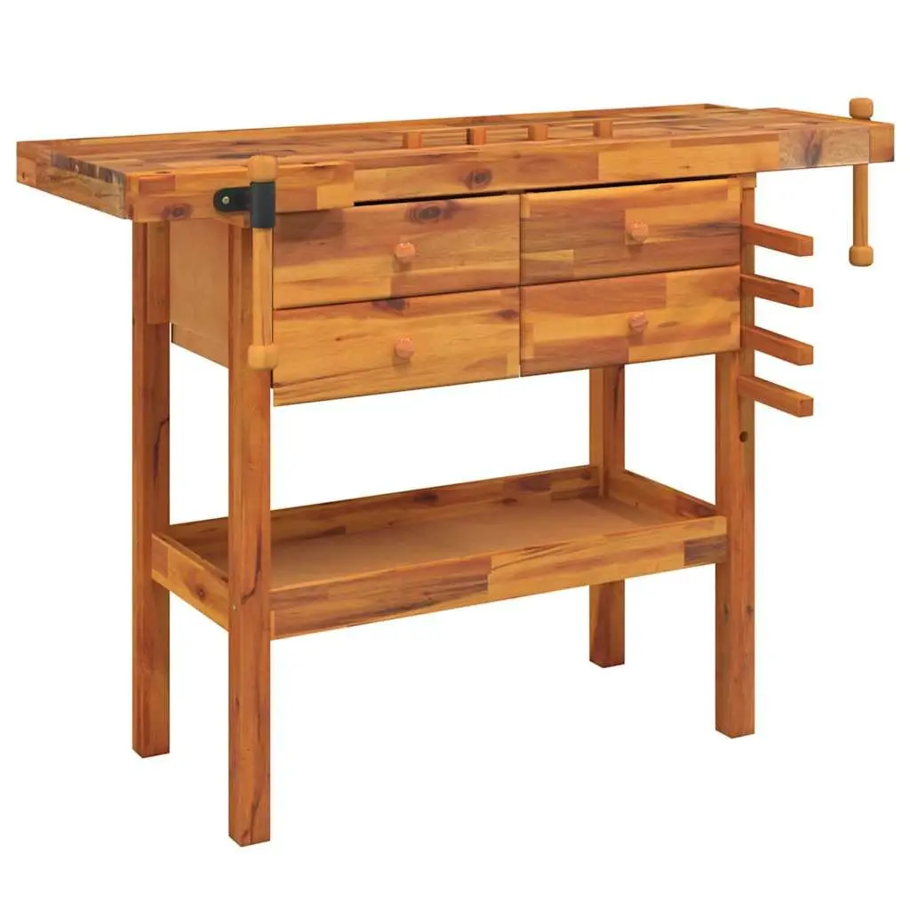 Solid Wood Workbench with Drawers Shelf Vices 124x52x83cm Workshop Storage
