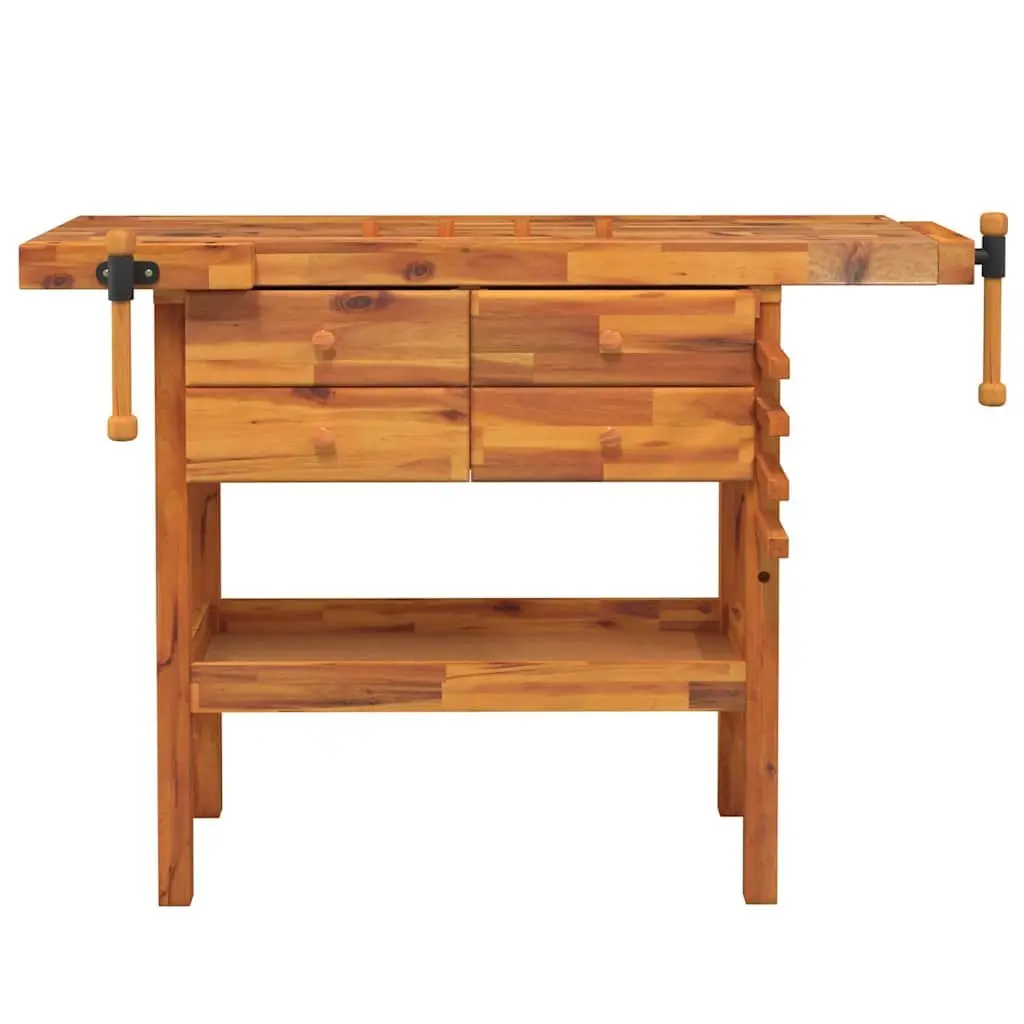 Solid Wood Workbench with Drawers Shelf Vices 124x52x83cm Workshop Storage