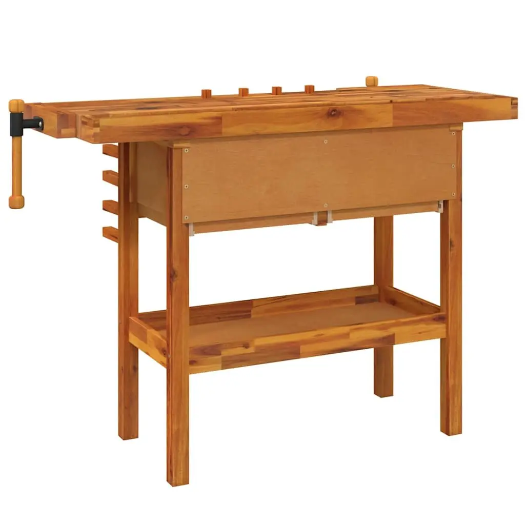 Solid Wood Workbench with Drawers Shelf Vices 124x52x83cm Workshop Storage