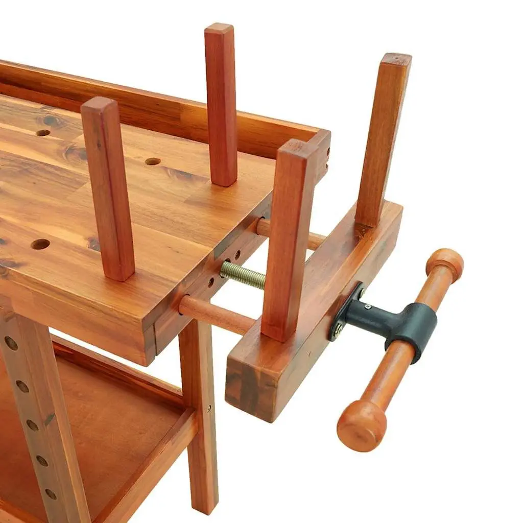 Solid Wood Workbench with Drawers Shelf Vices 124x52x83cm Workshop Storage