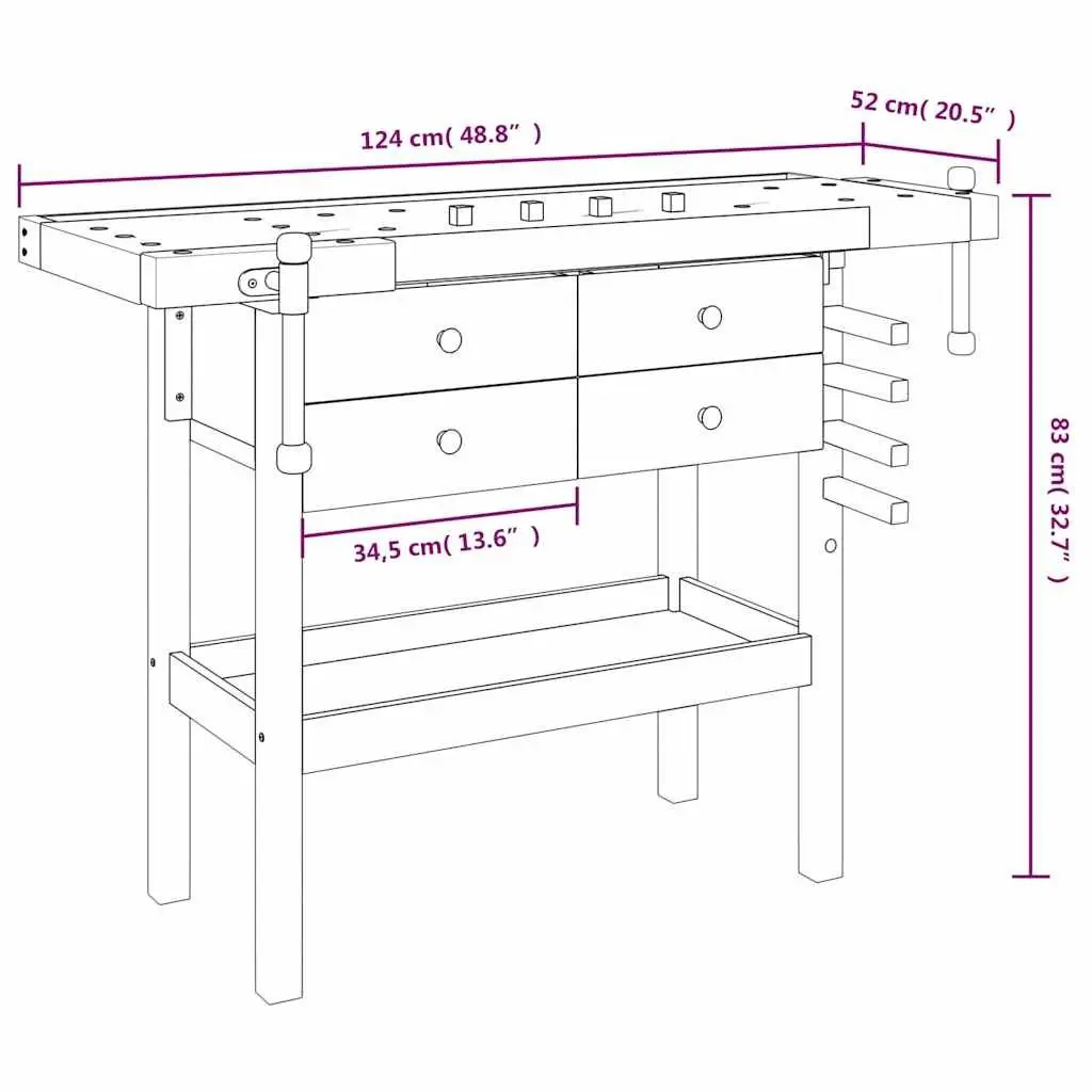 Solid Wood Workbench with Drawers Shelf Vices 124x52x83cm Workshop Storage