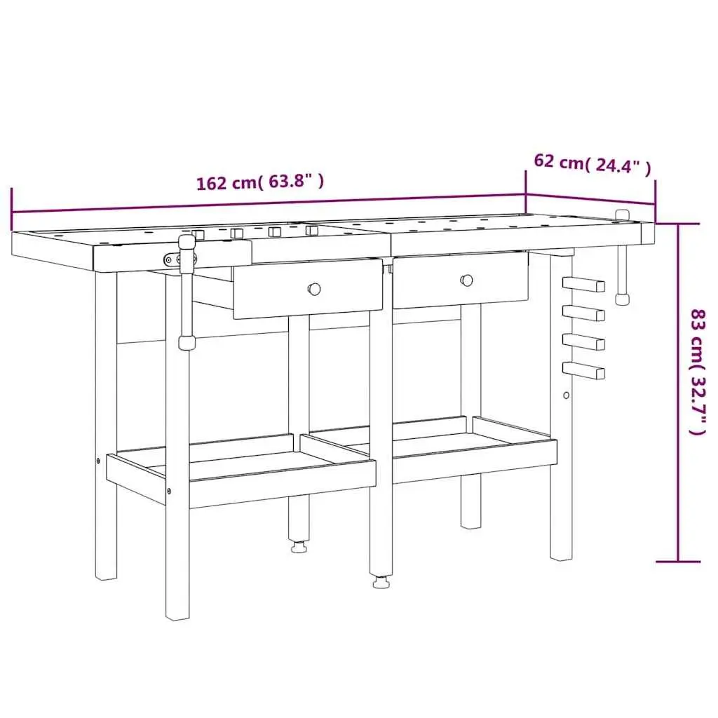 Solid Wood Workbench with Dual Vices and 2 Drawers 162x62x83cm