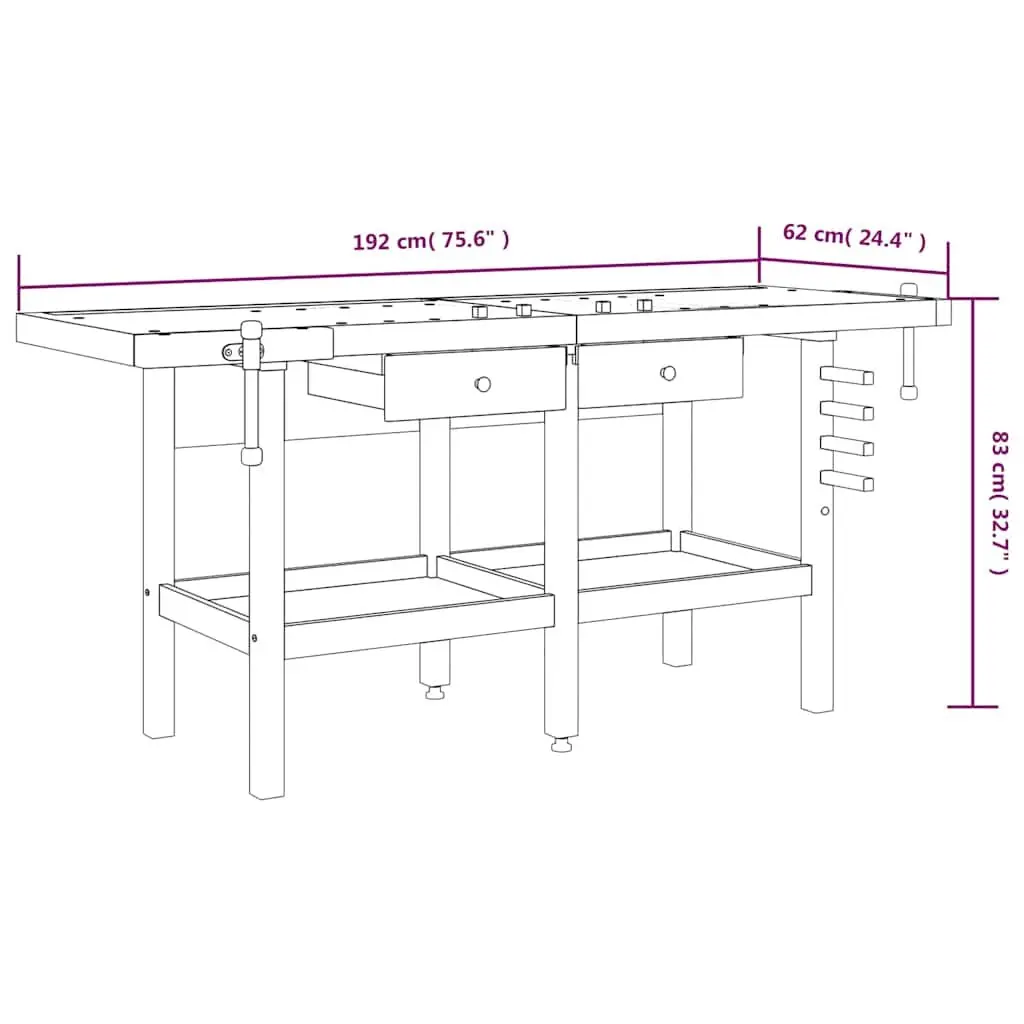 Solid Wood Workbench with Drawers Storage Shelf Double Vice Garage Workshop
