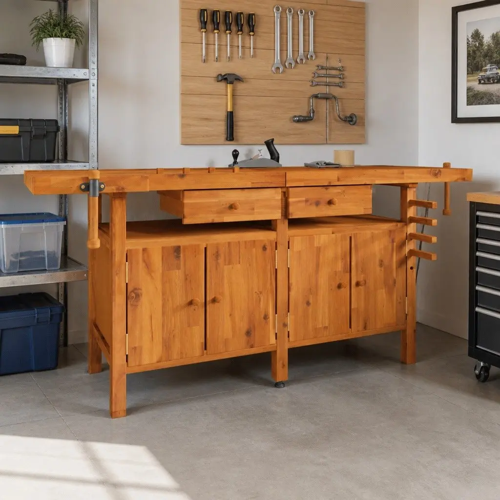 Acacia Wood Workbench with Drawers and Vices 192x62x83 cm