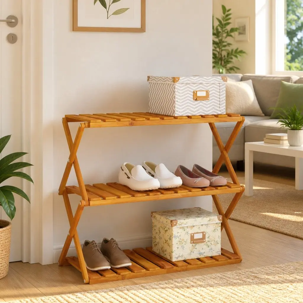 3-Tier Folding Shelf Brown Wooden Standing Bookcase Storage Display Unit