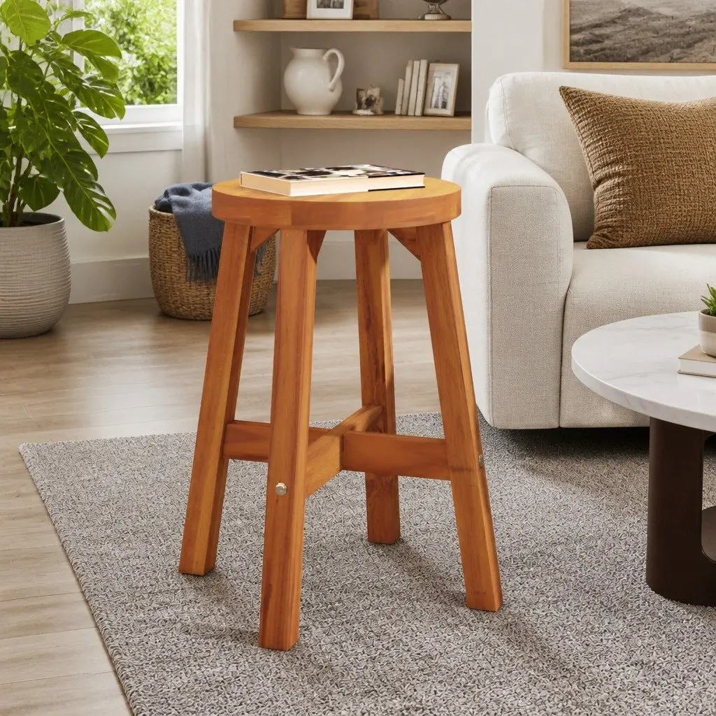 Round Wooden Stool Brown 38x38x45cm Solid Acacia Wood Plant Side Table Indoor