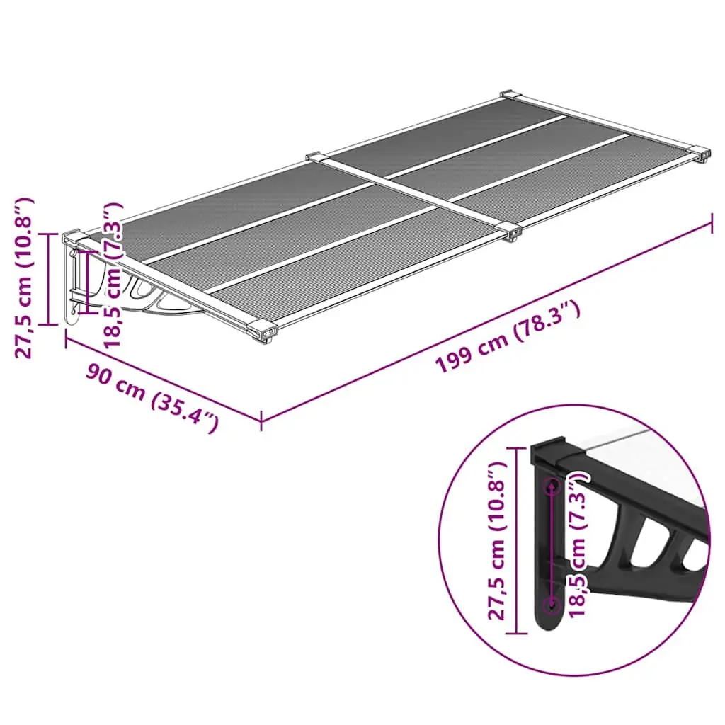 Door Canopy Polycarbonate 199x90cm Outdoor Porch Rain Weather Shield Awning