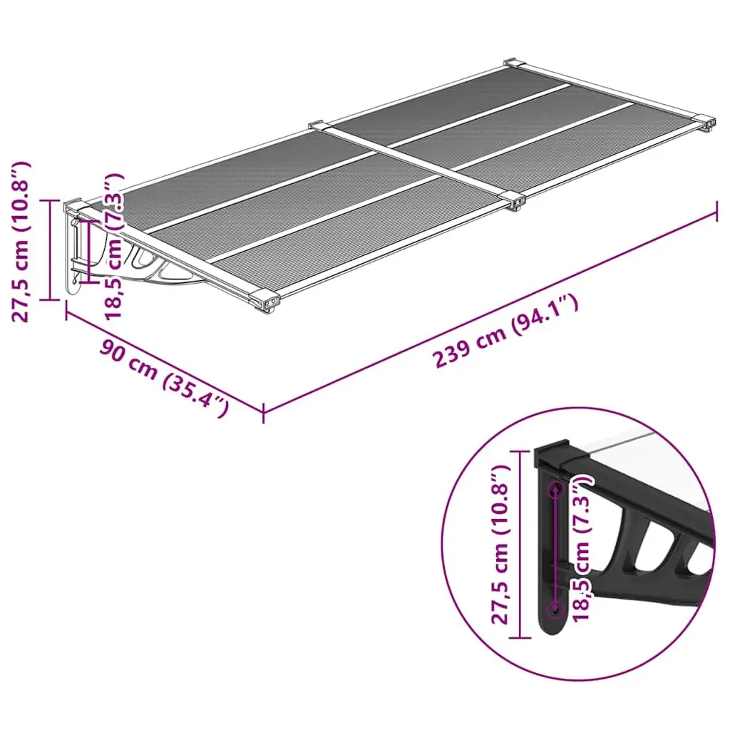 Door Canopy Polycarbonate Black Transparent 239x90cm Weather Shield