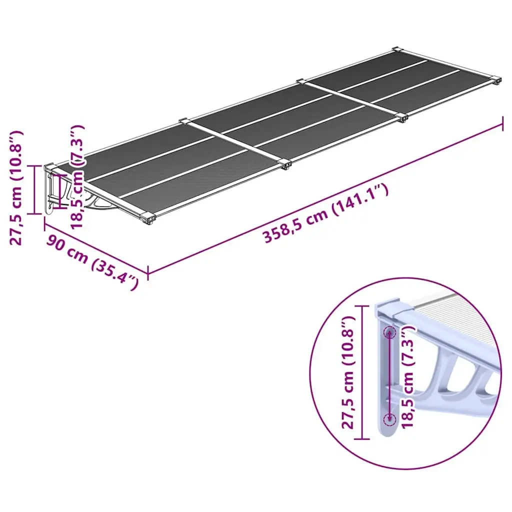 Polycarbonate Door Canopy Weather Resistant Grey Transparent 358.5x90cm Awning