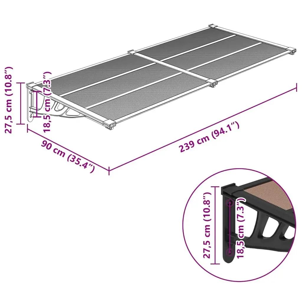 Door Canopy Polycarbonate Black Weather Protection Shelter 239x90cm