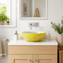 Friendly White and Yellow Ceramic Basin for Your Bathroom