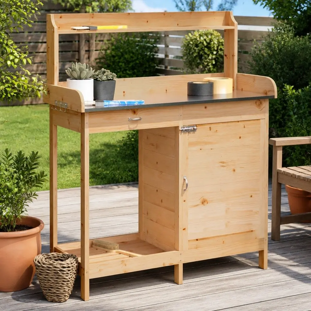 Potting Table with Cabinet Solid Wood Fir Brown 110.5x45x124.5 cm