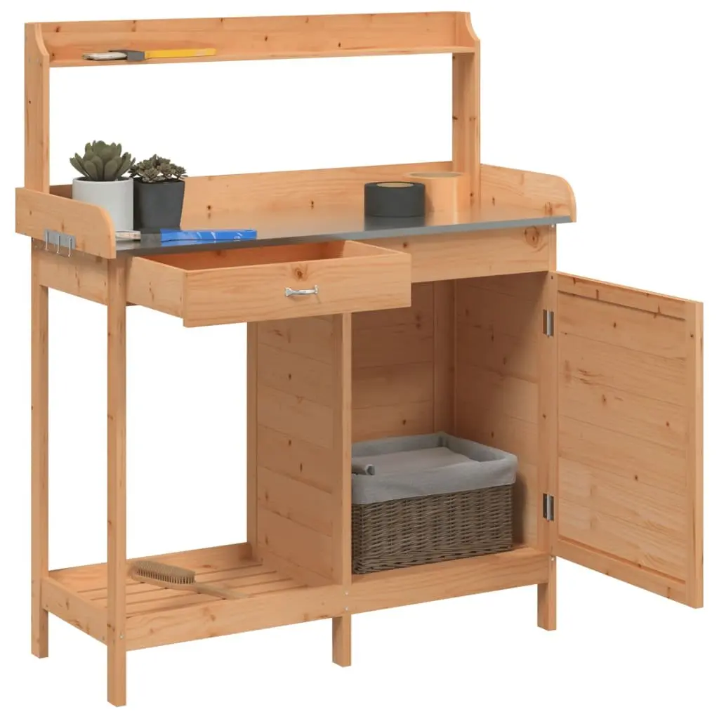 Potting Table with Cabinet Solid Wood Fir Brown 110.5x45x124.5 cm