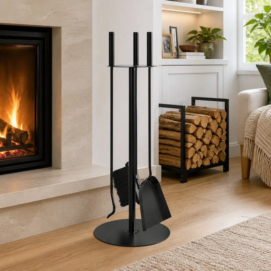 Fireplace Tool Set Steel 4 Piece Poker Shovel Broom Ash Cleaning Rack