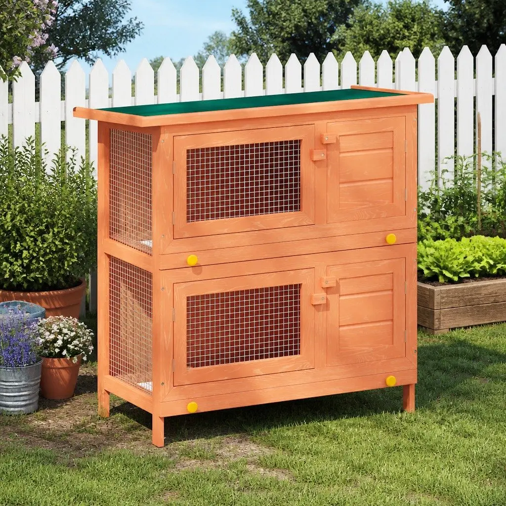 Rabbit Hutch Wooden Small Animal House Two-Tier Outdoor Enclosure 4 Doors