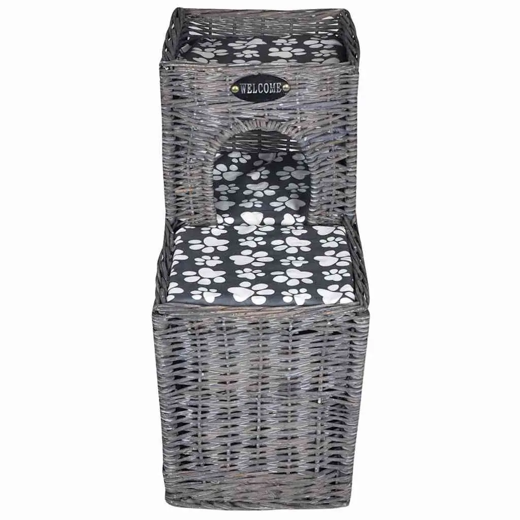 Cat Tree Woven Willow Pet House Bed Castle Scratching Post Cushion Grey