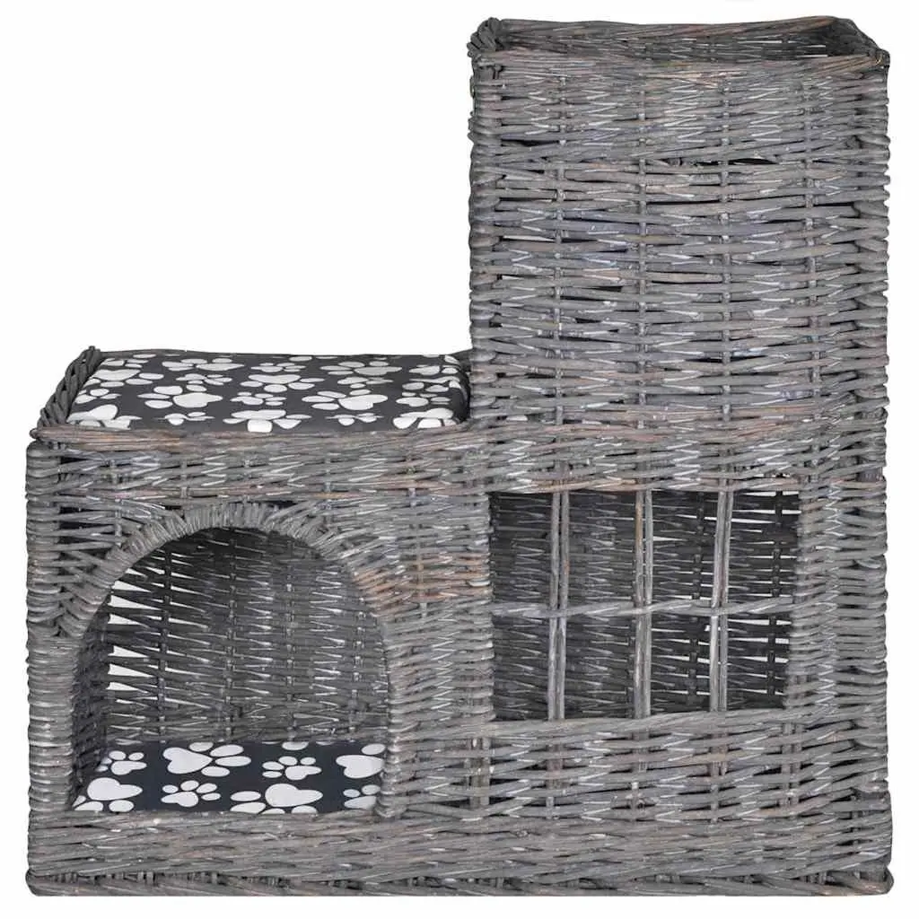 Cat Tree Woven Willow Pet House Bed Castle Scratching Post Cushion Grey