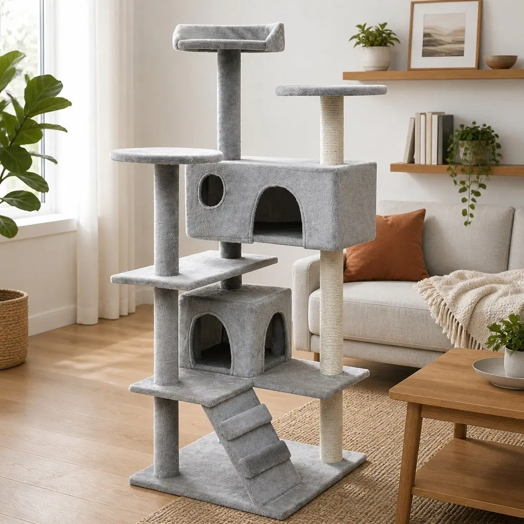 Cat Tree Grey Multi-Level Play Centre 125cm Tall Sisal Scratching Posts
