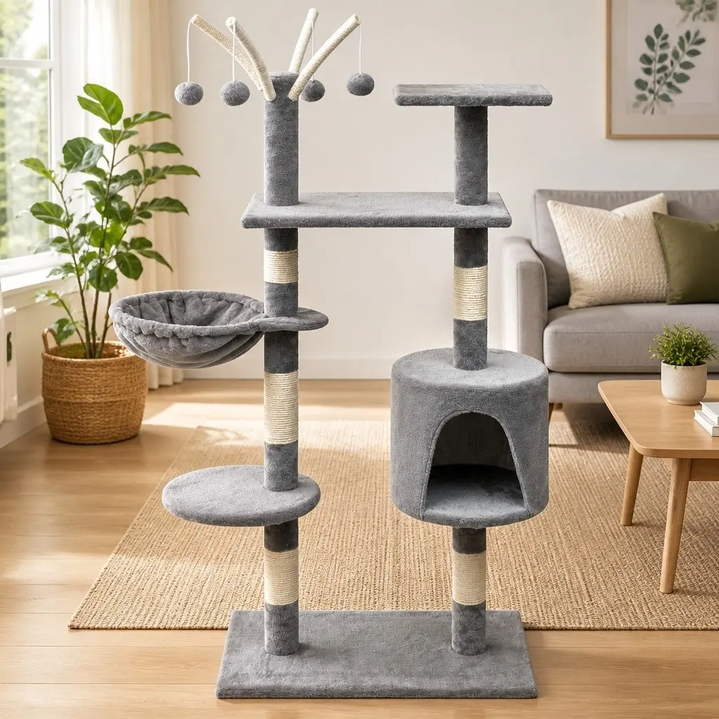 Cat Tree Multi-Level Play Centre 125cm Grey with Sisal Scratching Posts and Hammock