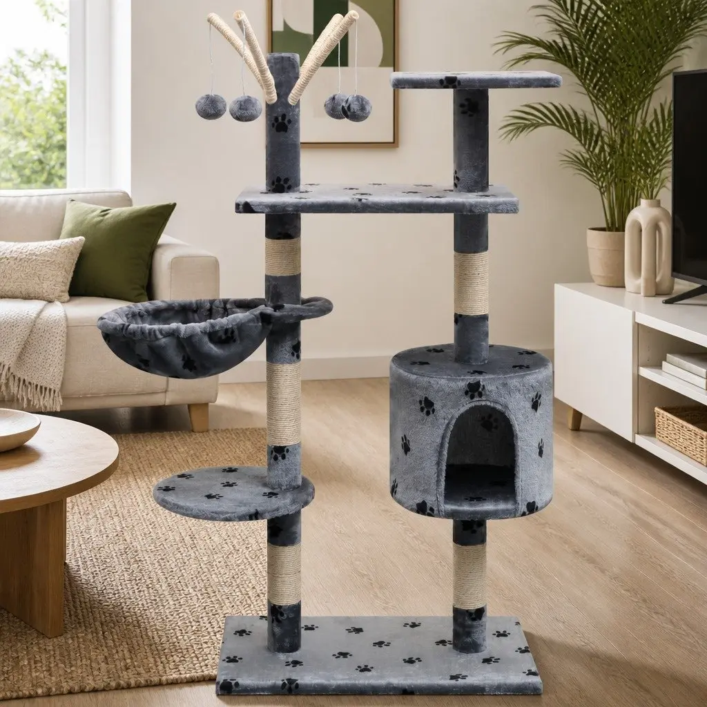 Cat Tree with Sisal Scratching Posts 125cm Paw Prints Grey Multi-Level Play