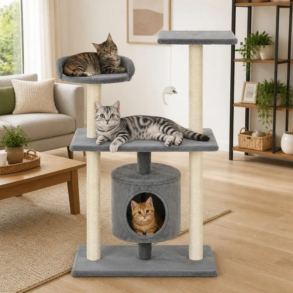Cat Furniture Multi-Level Climbing Centre 95cm Grey Plush Scratching Posts Sisal Rope