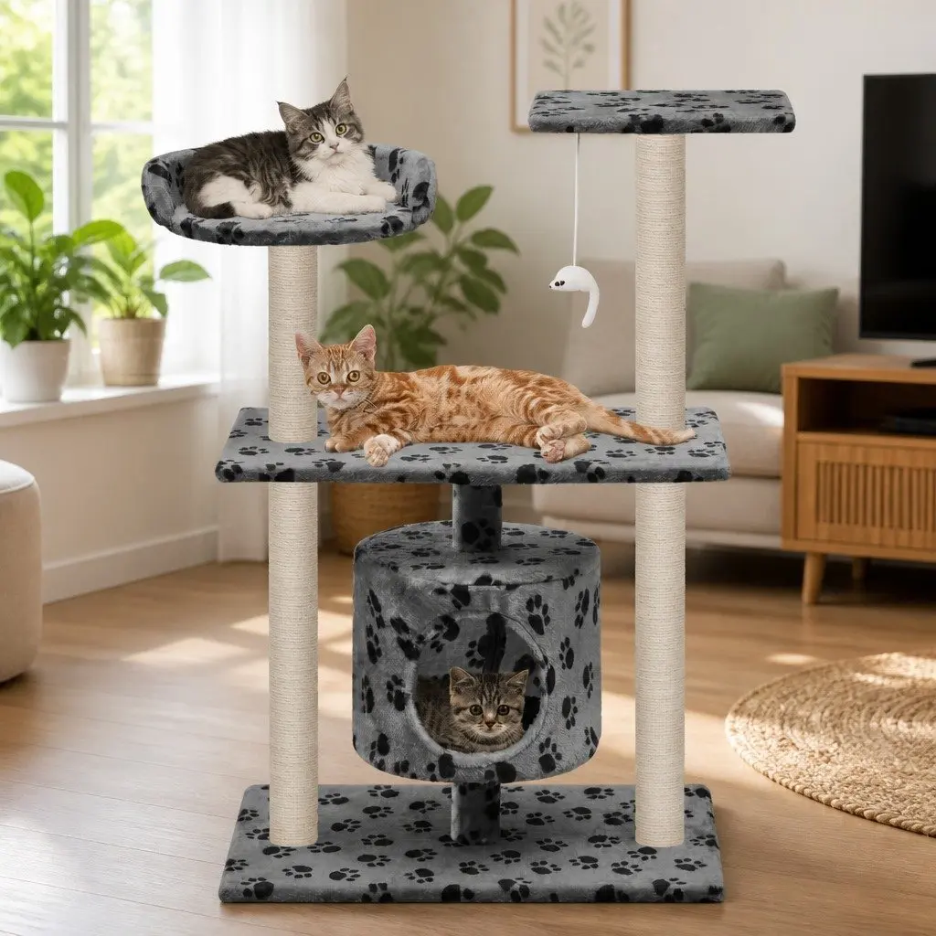 Multi-Level Cat Play Centre Grey 95cm with Sisal Scratching Posts Plush Perch and Hideaway House
