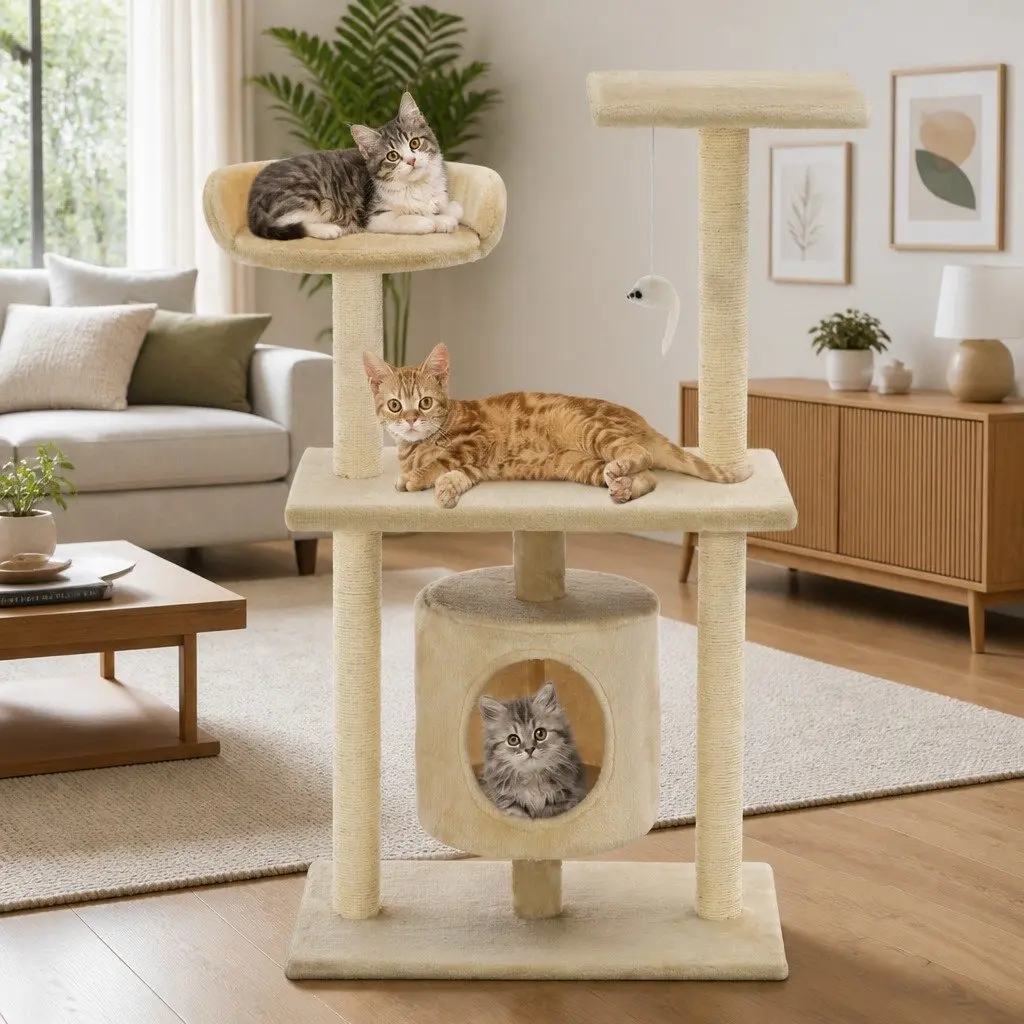 Cat Tree Multi-Level Play Centre 95cm Beige with Sisal Scratching Posts and Plush Covering