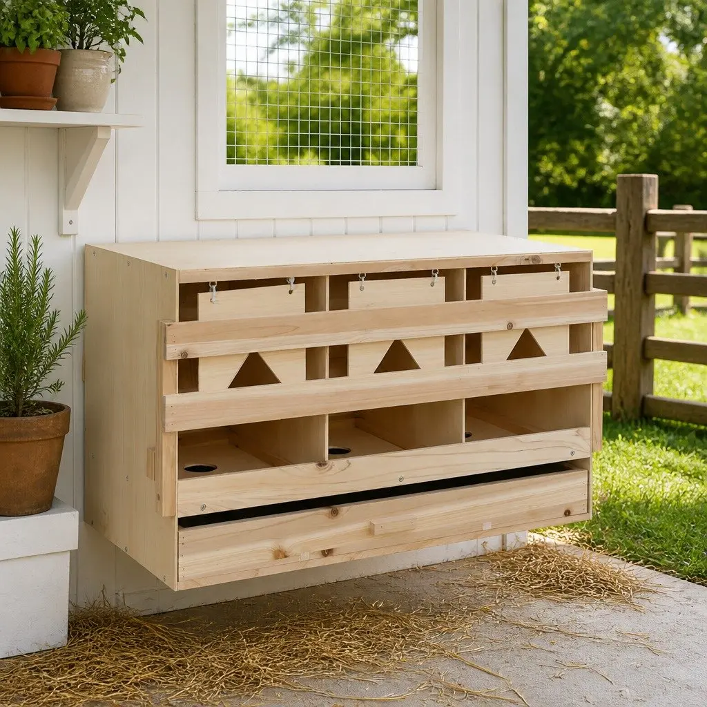 Chicken Laying Nest 3 Compartments Wooden Poultry Nesting Box Egg Collection