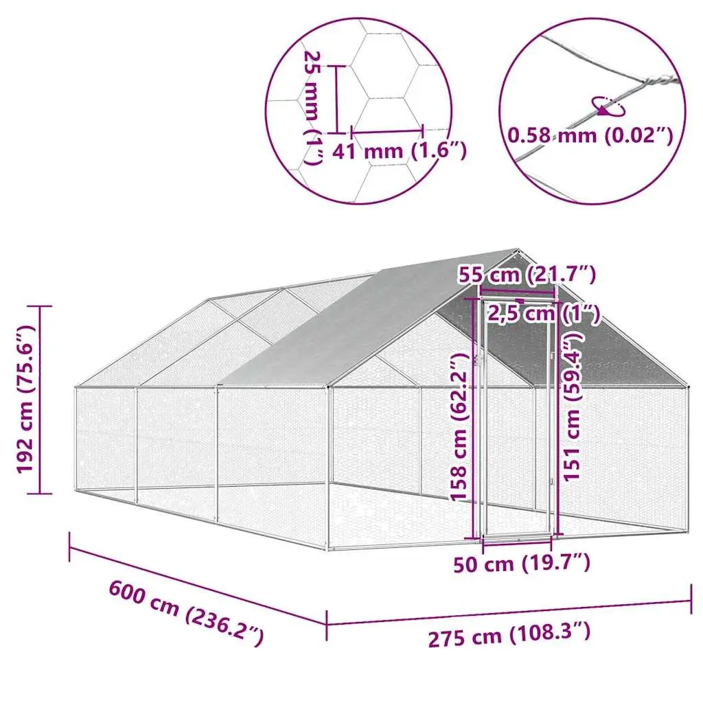Outdoor Chicken Cage Galvanised Steel 2.75x6x1.92 m Enclosure