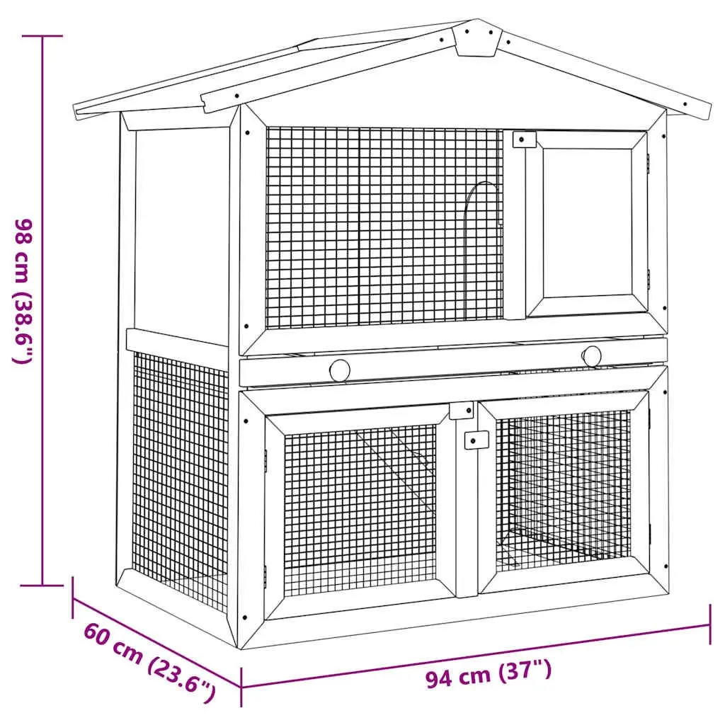Wooden Rabbit Hutch Two Layer Grey Small Animal Enclosure with 3 Doors and Iron Wire Mesh