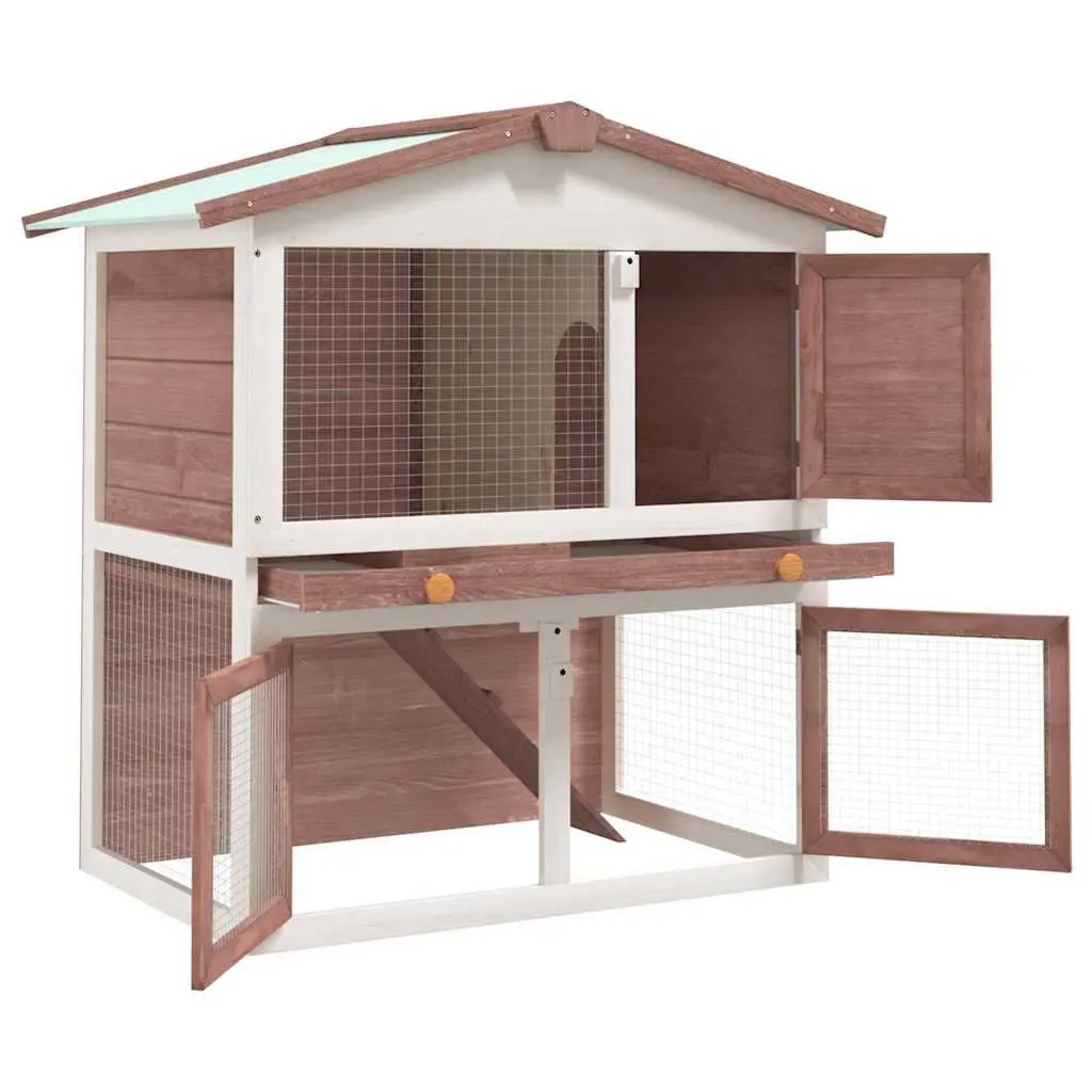 Outdoor Rabbit Hutch 3 Doors Brown Wood 2 Layer Small Animal Cage Exercise