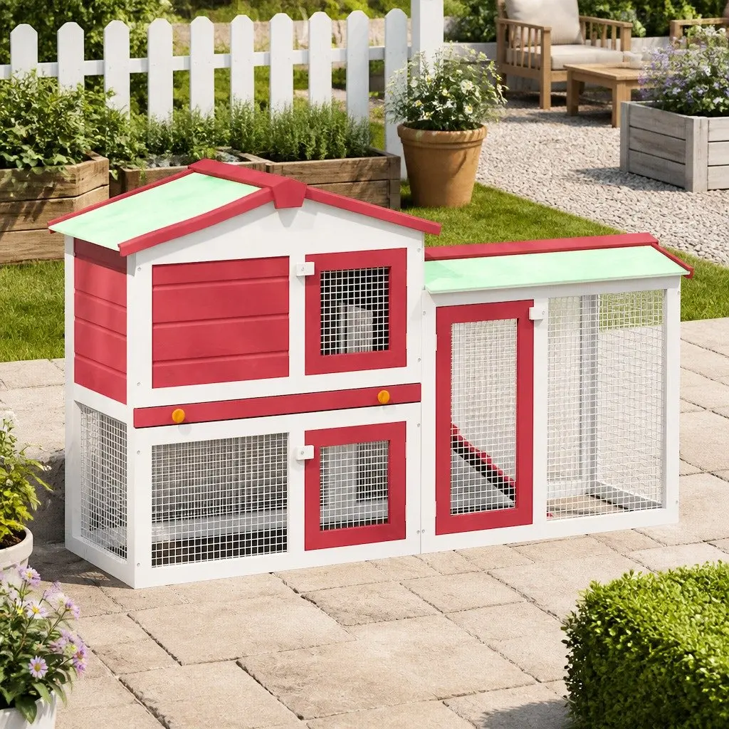 Outdoor Rabbit Hutch Large Wooden 2 Layer Red White 145x45x84cm Cage Run