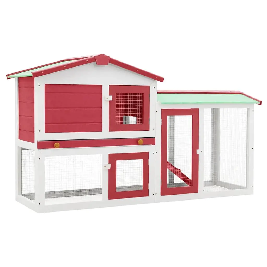 Outdoor Rabbit Hutch Large Wooden 2 Layer Red White 145x45x84cm Cage Run