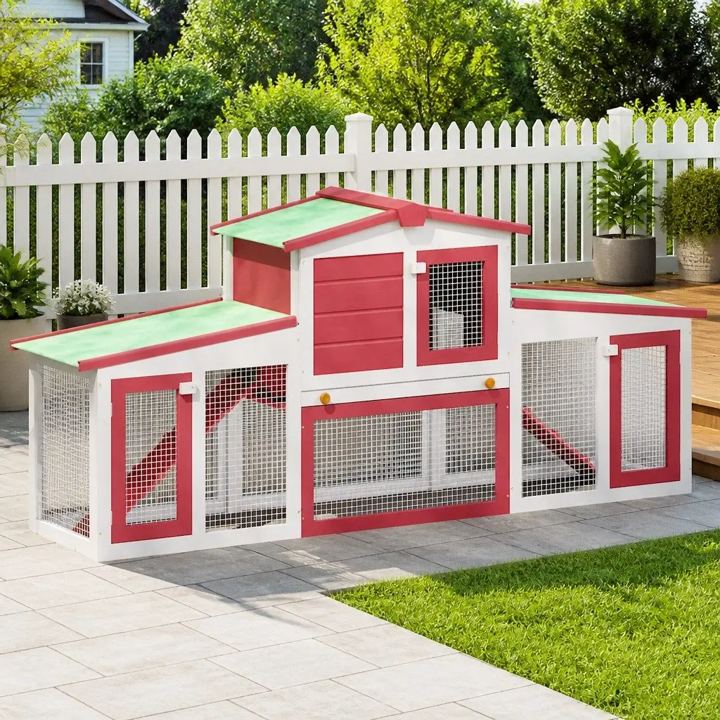 Outdoor Rabbit Hutch Large Wooden Cage 2 Tier with Run Red
