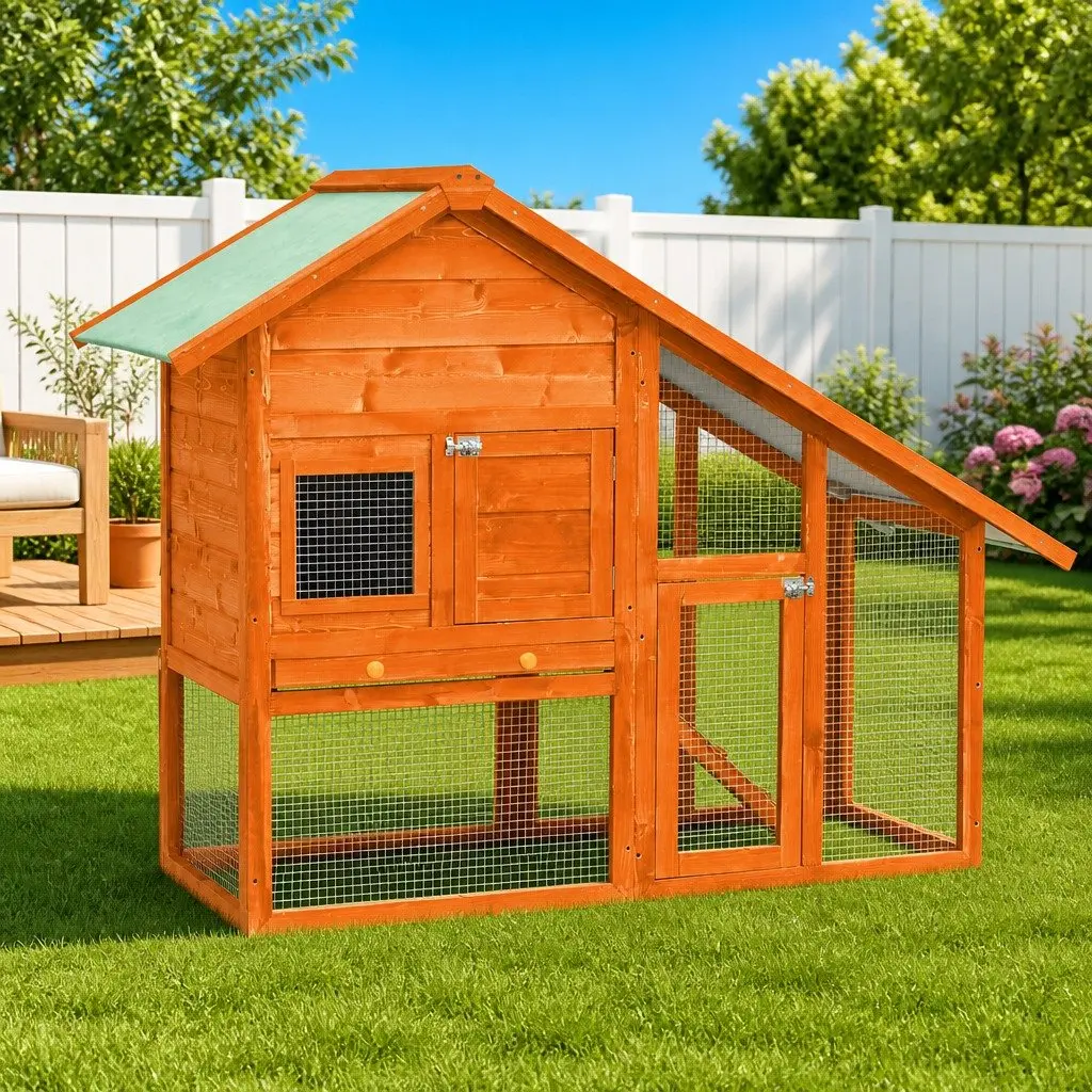 Rabbit Hutch Wooden 2-Tier Small Animal Cage with Ramp and Nesting Box 140x63x120cm