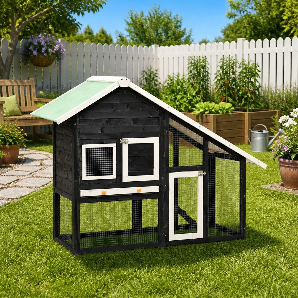 Rabbit Hutch Two Storey Grey White Wooden Cage 140 x 63 x 120 cm