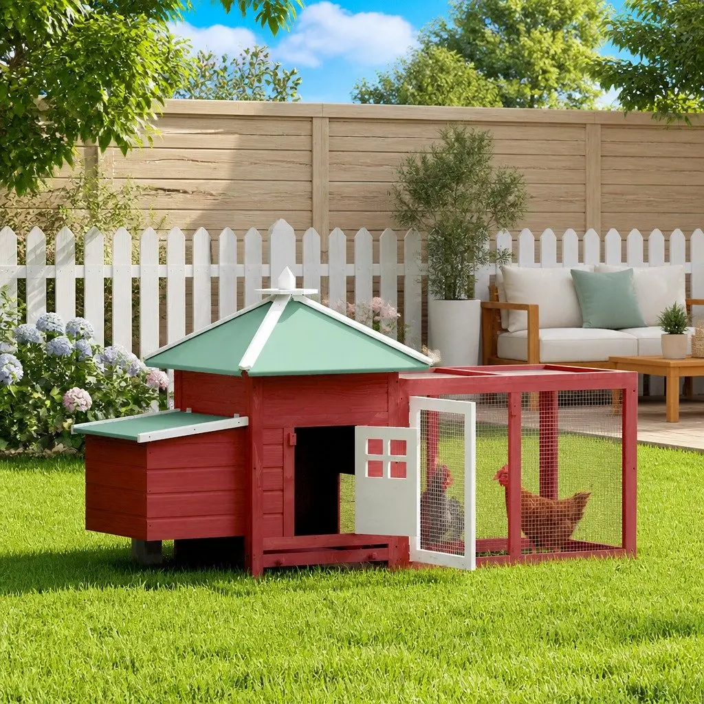 Wooden Red Chicken Coop with Nesting Box and Spacious Run Area 190x72x102cm