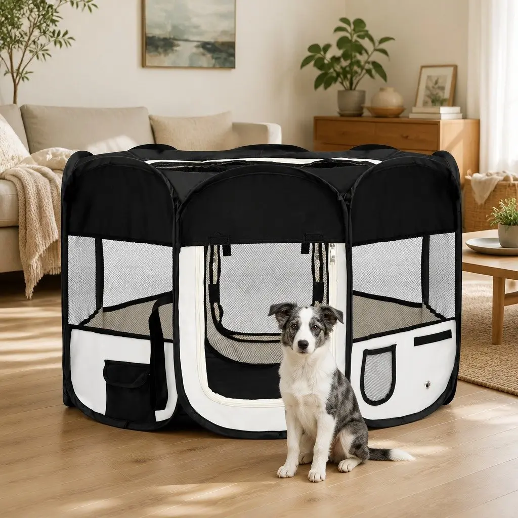 Foldable Dog Playpen Portable Training Enclosure 110 x 110 x 58 cm Black