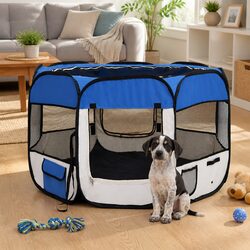 Foldable Dog Playpen with Carrying Bag Blue 90x90x58cm Portable Pet Run Cage