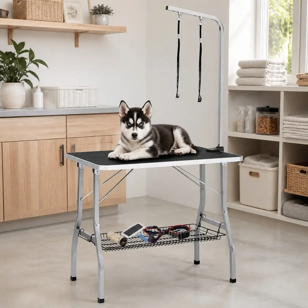 Dog Grooming Table Foldable Adjustable with Stainless Steel Arm Non-Slip Top and Storage Basket