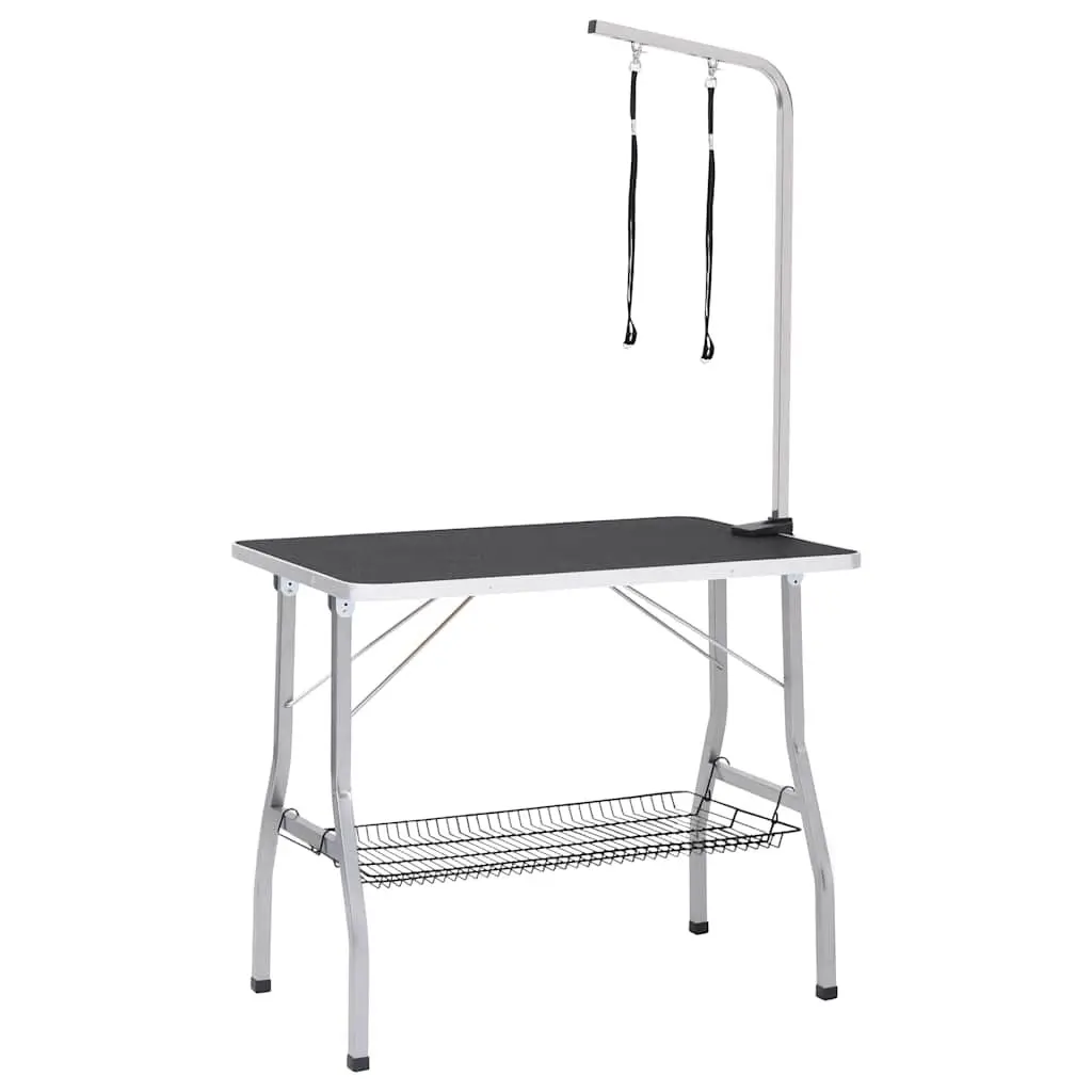 Dog Grooming Table Foldable Adjustable with Stainless Steel Arm Non-Slip Top and Storage Basket