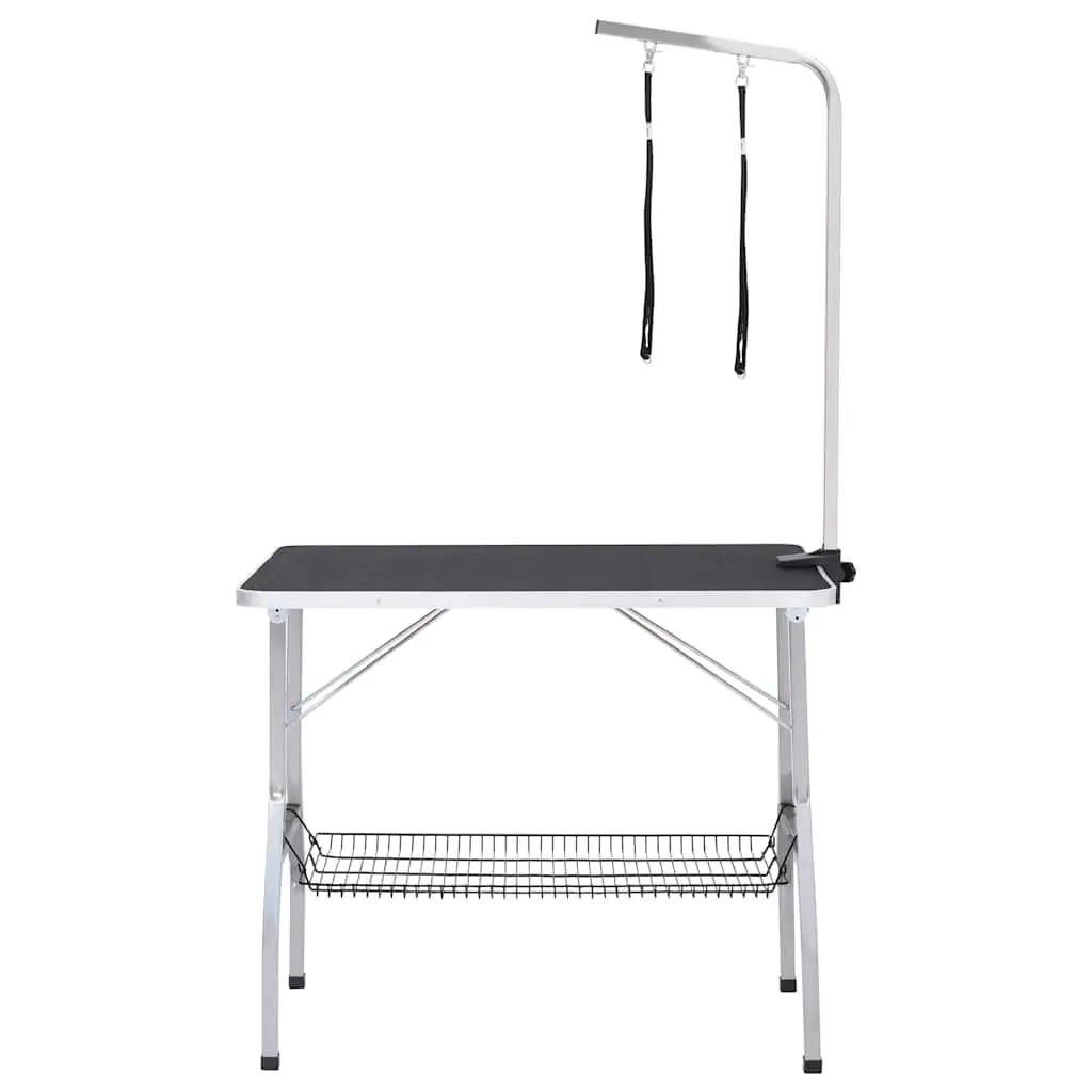 Dog Grooming Table Foldable Adjustable with Stainless Steel Arm Non-Slip Top and Storage Basket