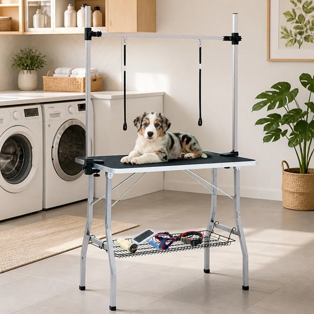 Dog Grooming Table Adjustable Height Foldable Non-Slip Tabletop Basket Storage